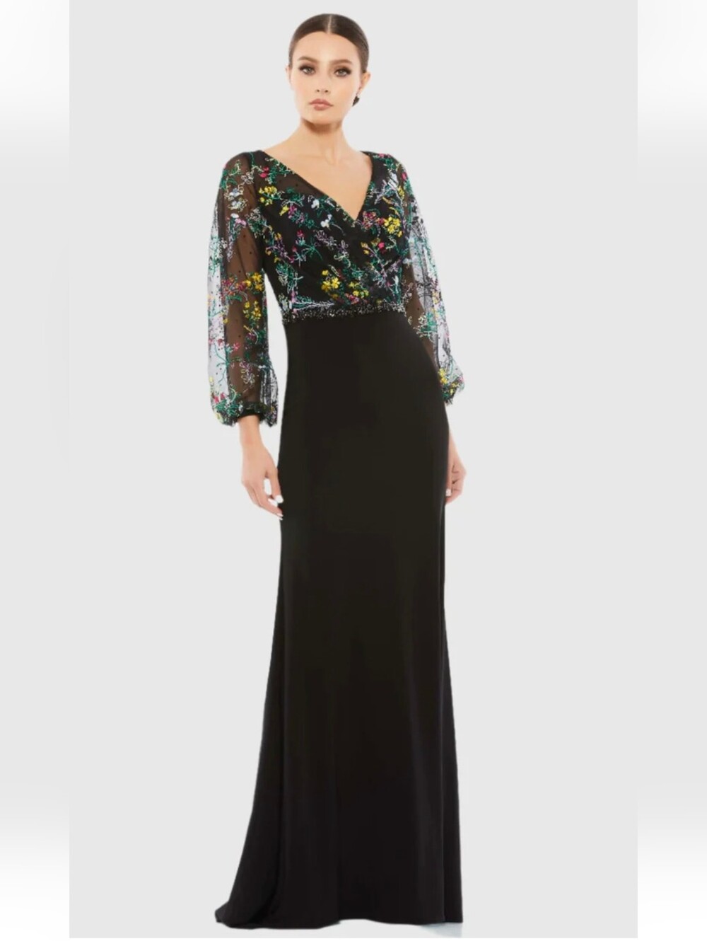 Mac Duggal 79379 Black Embroidered Illusion Puff Sleeve Gown